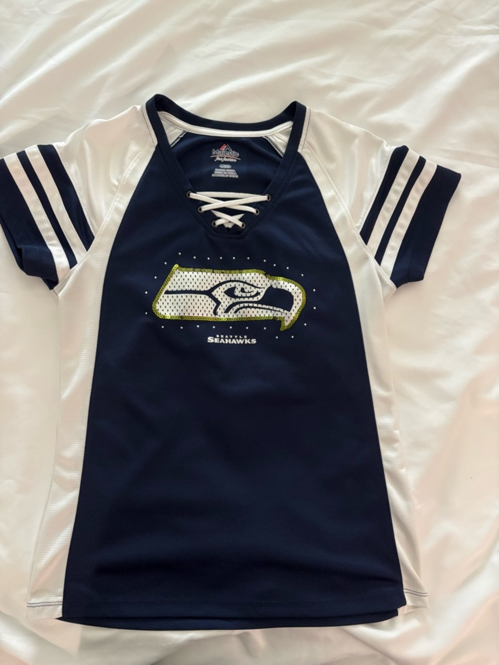 Majestic Navy and White Seattle Seahawks Lace-Up Girls Jersey - GREAT CONDITION!